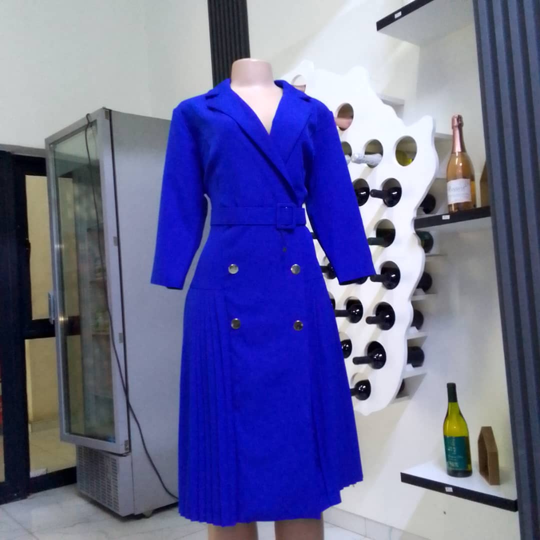 Royal Blue Belted Pleated Dress