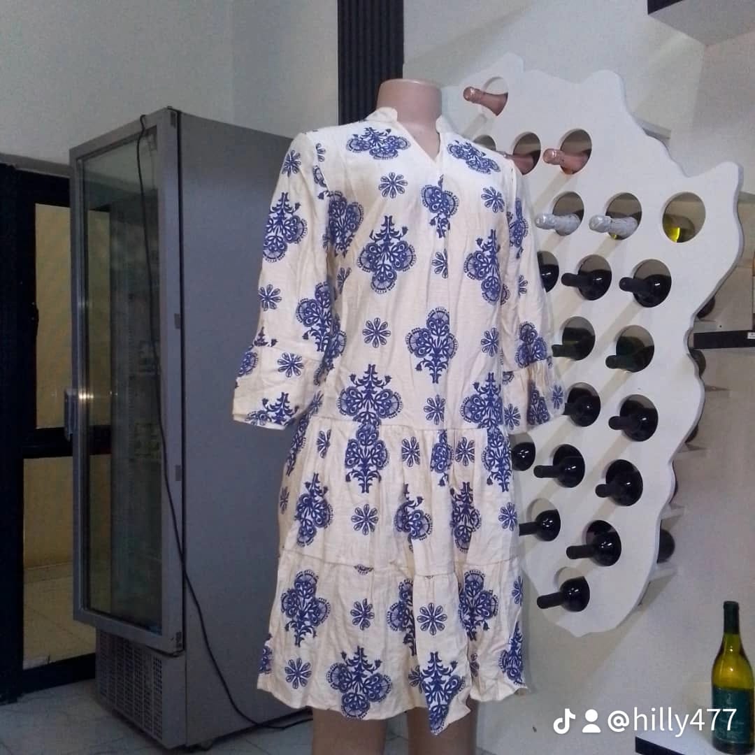 Blue & White Printed Tiered Dress